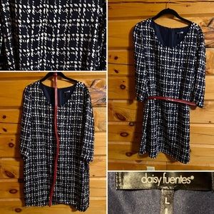 Daisy Fuentes Navy Dress with Red Belt.